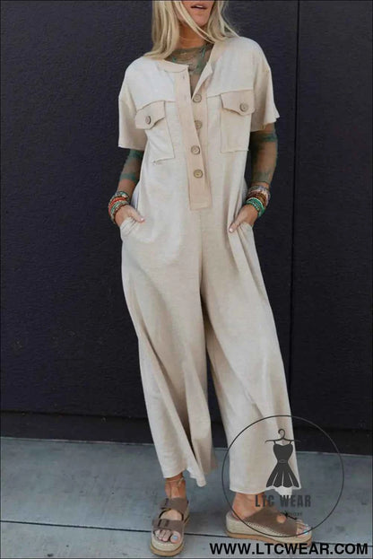 Beau Blue Half Placket Chest Pockets Short Sleeve Wide Leg Jumpsuit
