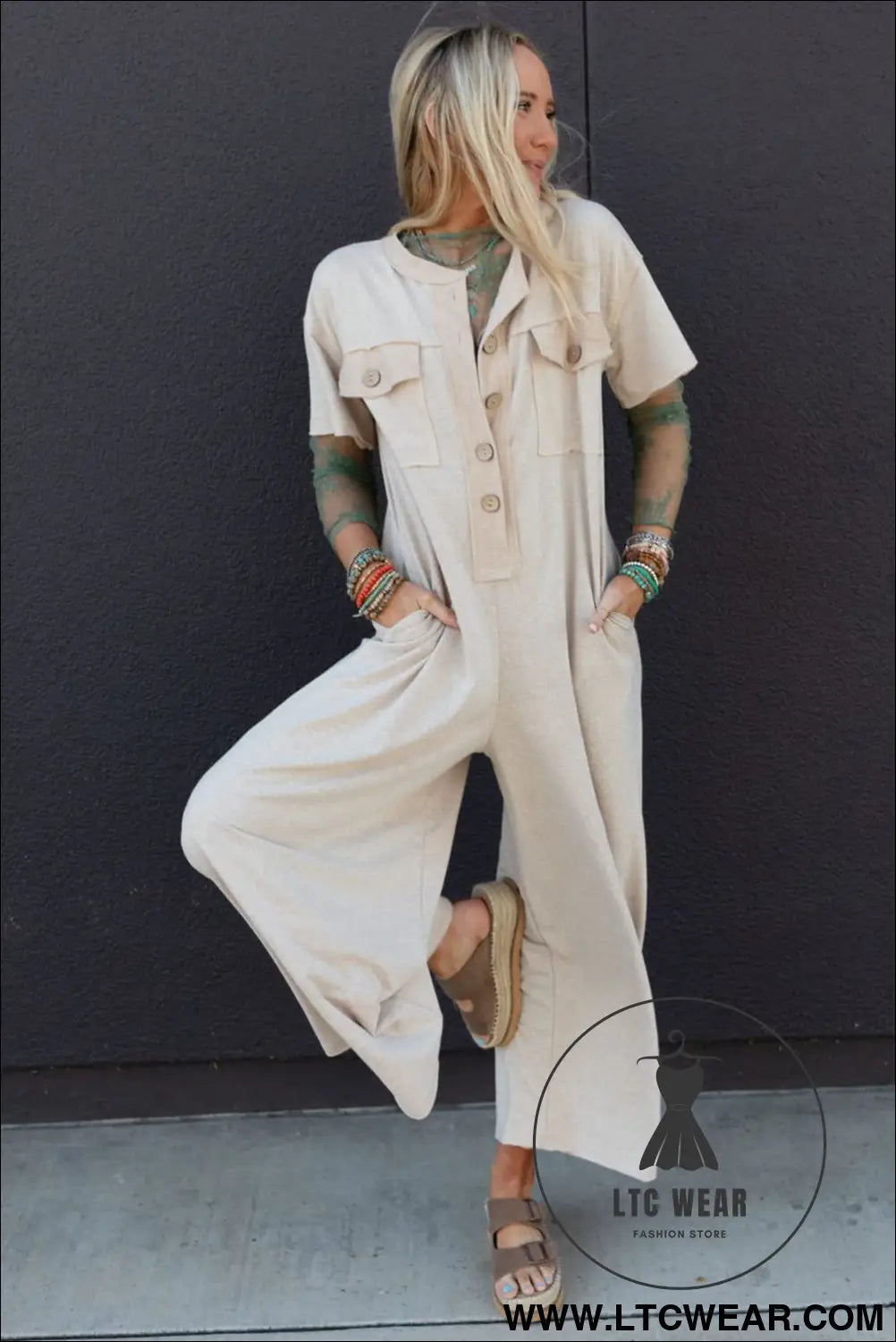 Beau Blue Half Placket Chest Pockets Short Sleeve Wide Leg Jumpsuit - L.T.C Wear Online Fashion Store