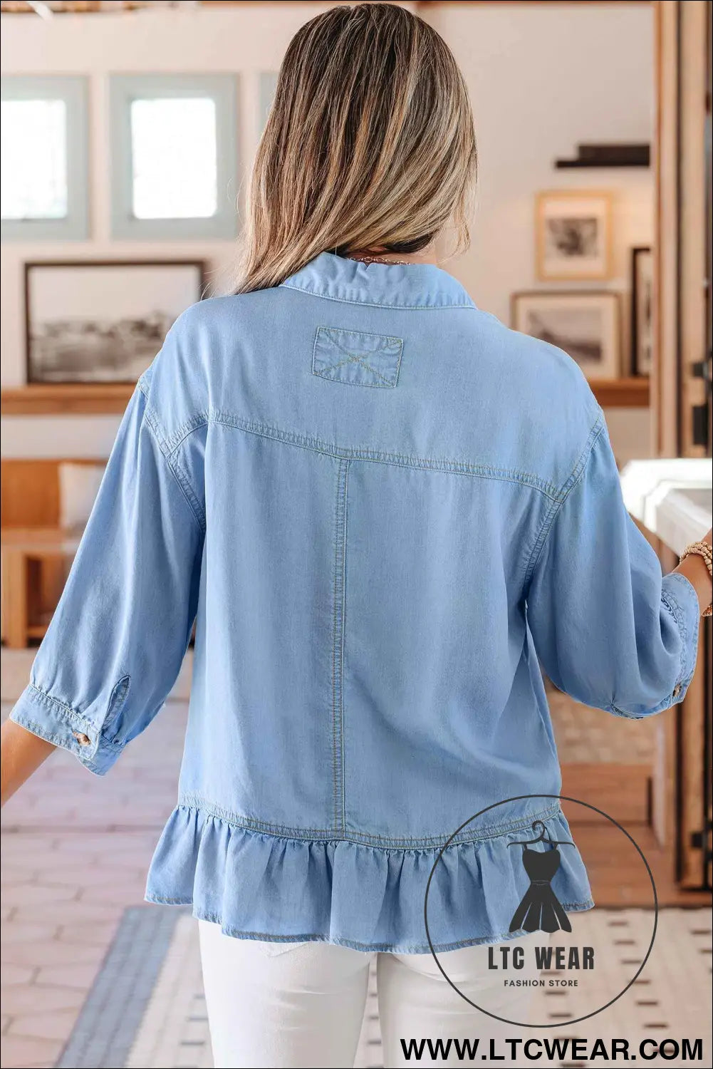 Beau Blue Half Sleeve Button Down Ruffled High Low Chambray Shirt