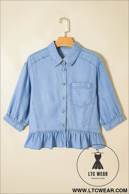 Beau Blue Half Sleeve Button Down Ruffled High Low Chambray Shirt - L.T.C Wear Online Fashion Store