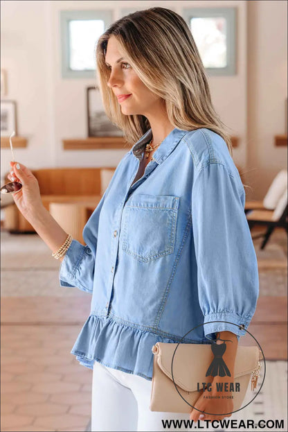 Beau Blue Half Sleeve Button Down Ruffled High Low Chambray Shirt