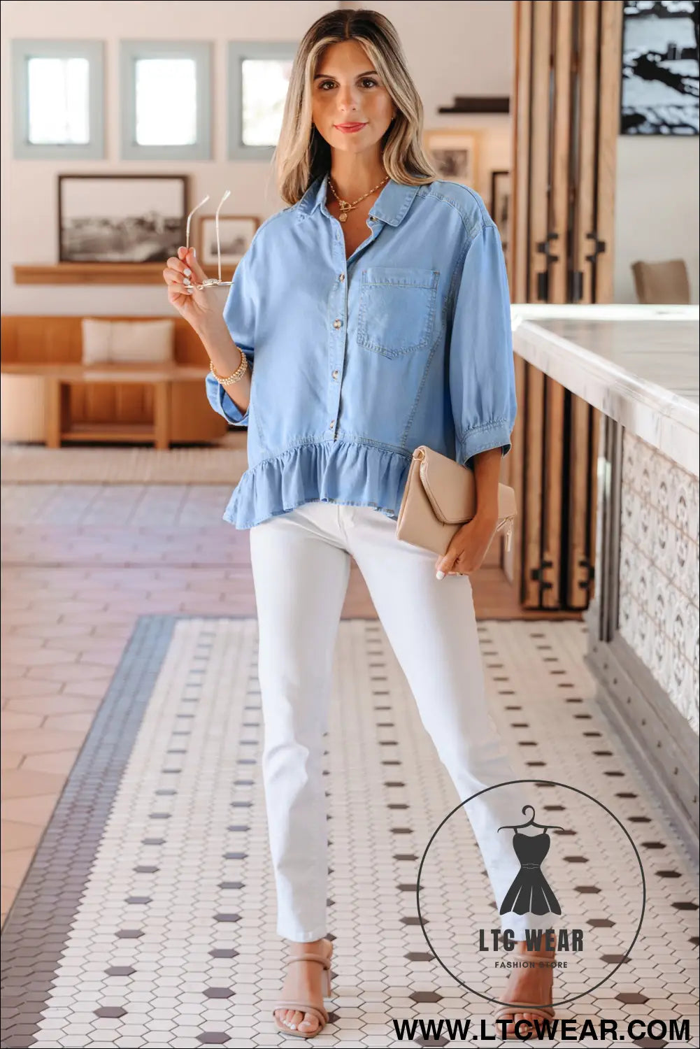 Beau Blue Half Sleeve Button Down Ruffled High Low Chambray Shirt - L.T.C Wear Online Fashion Store