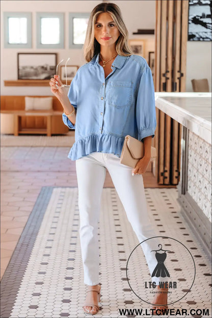Beau Blue Half Sleeve Button Down Ruffled High Low Chambray Shirt - L.T.C Wear Online Fashion Store