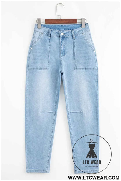 Beau Blue High Rise Barrel Relaxed Patch Pocket Jeans