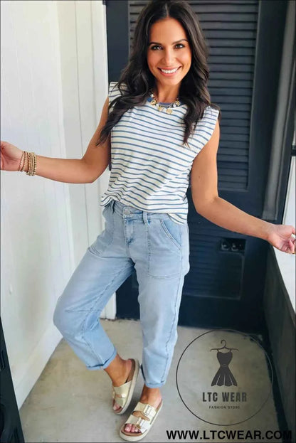 Beau Blue High Rise Barrel Relaxed Patch Pocket Jeans