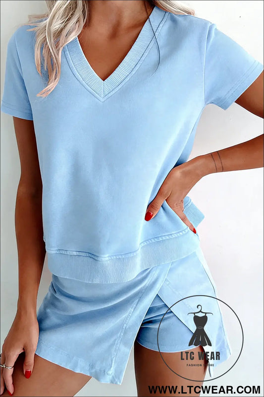 Beau Blue Mineral Wash V Neck Tee Matching Skort Set