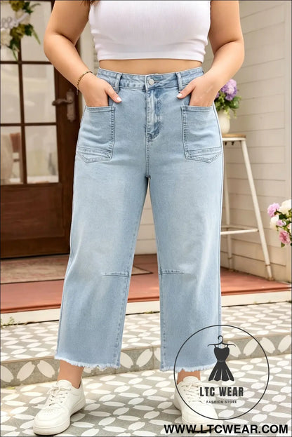 Beau blue plus size seam detail patch pocket raw cut shift jeans - beau blue / 1x / 65% cotton + 33% polyester + 2%