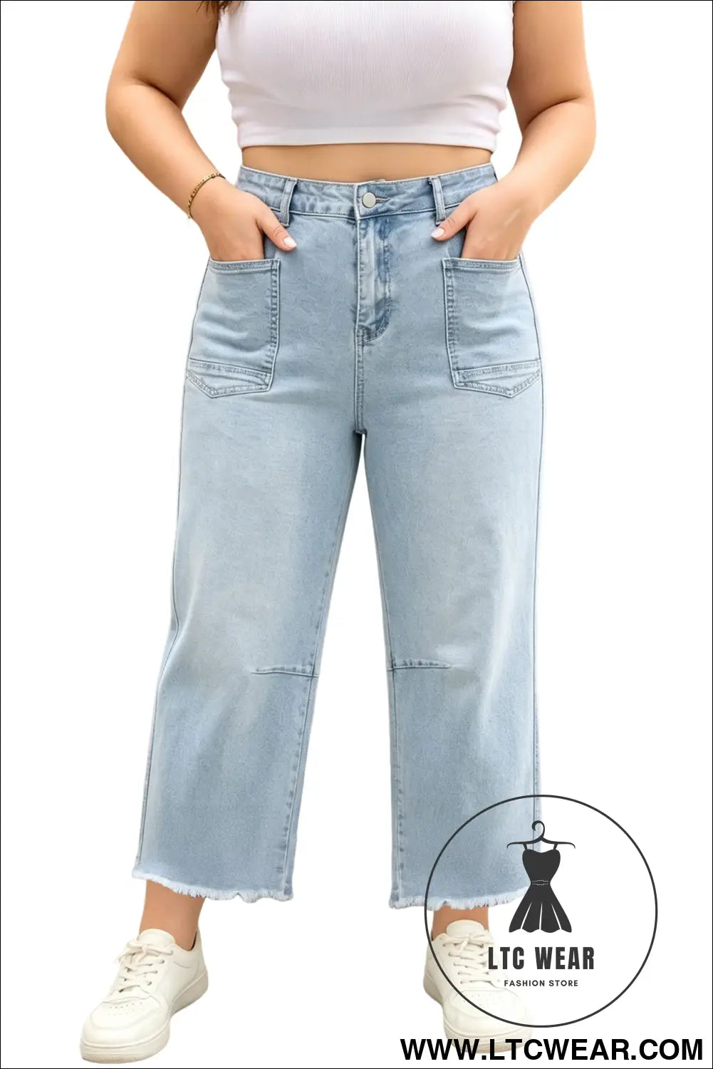 Beau blue plus size seam detail patch pocket raw cut shift jeans - plus size bottoms