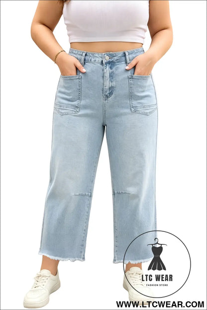 Beau blue plus size seam detail patch pocket raw cut shift jeans - plus size bottoms