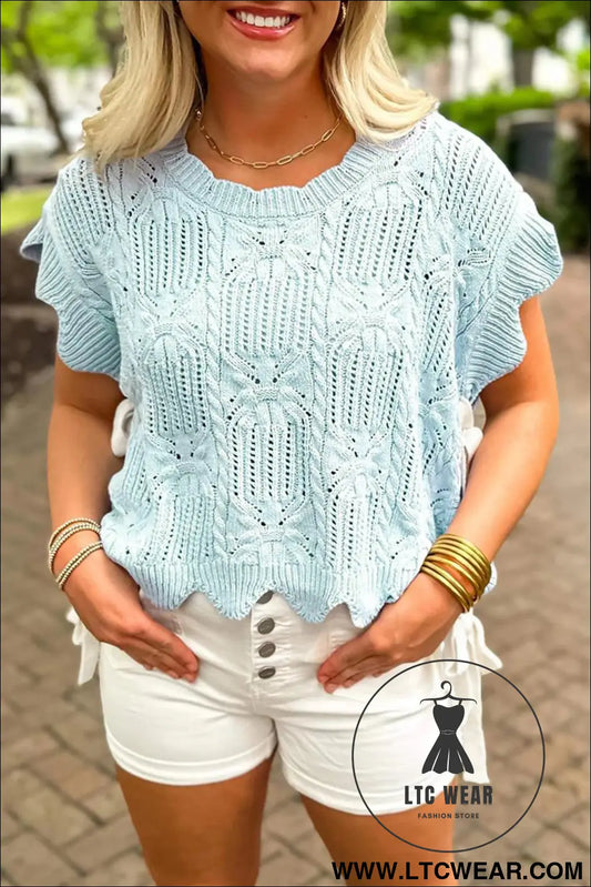 Beau Blue Pointelle Knit Patterned Scalloped Trim Short Sleeve Sweater