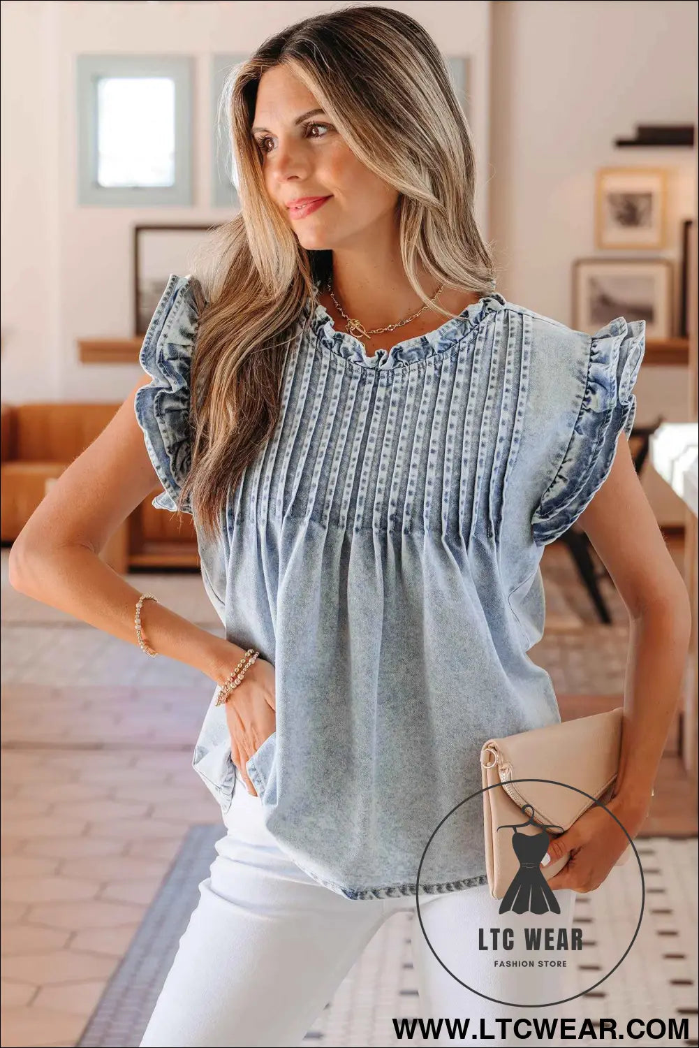 Beau Blue Ruffle Pleated Detail Vintage Washed Denim Top