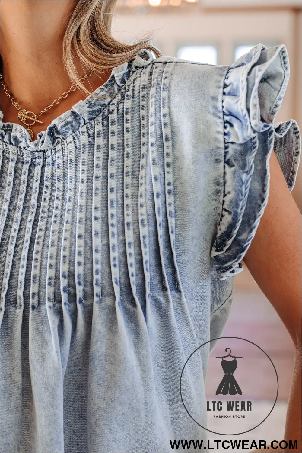 Beau Blue Ruffle Pleated Detail Vintage Washed Denim Top - L.T.C Wear Online Fashion Store