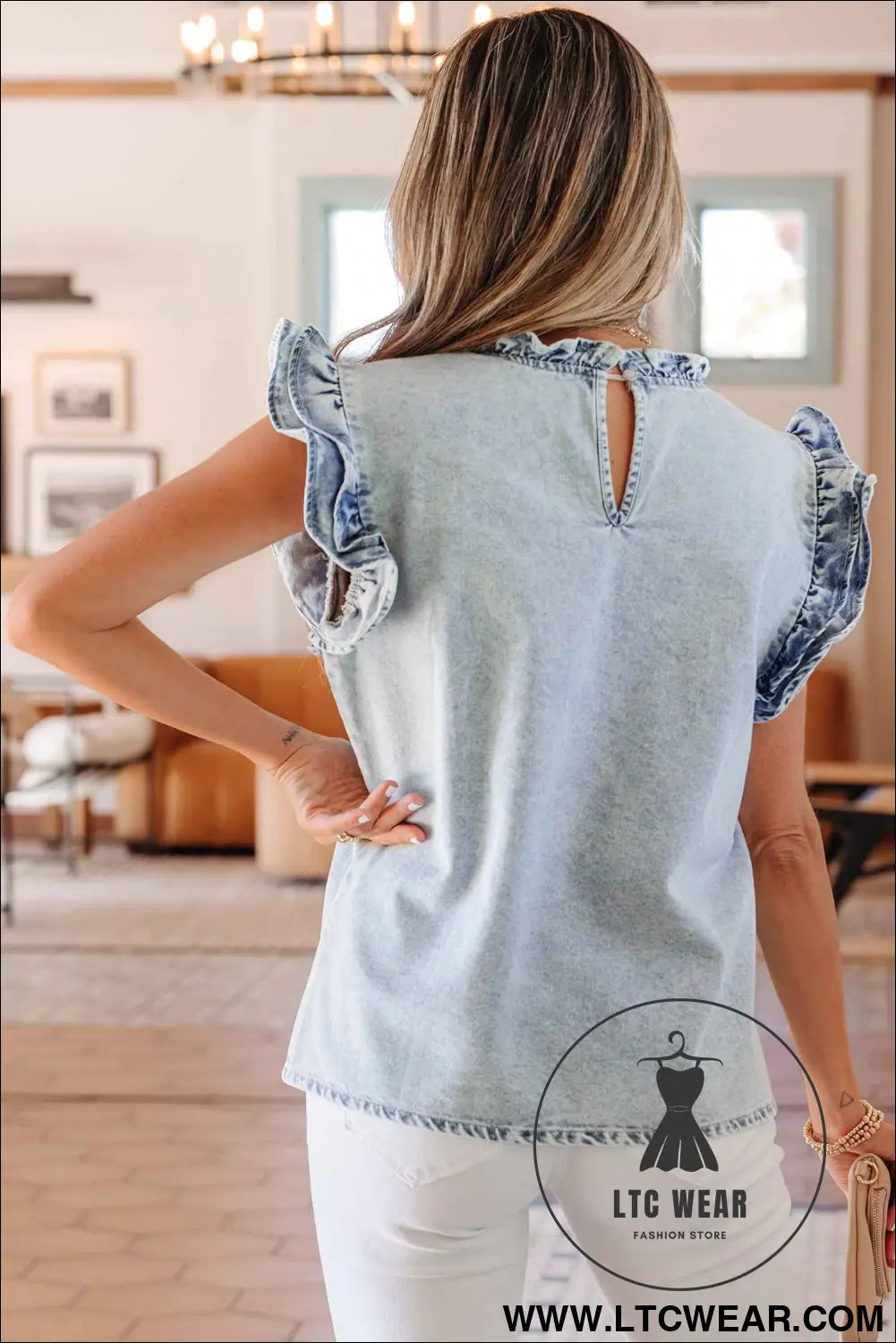 Beau Blue Ruffle Pleated Detail Vintage Washed Denim Top