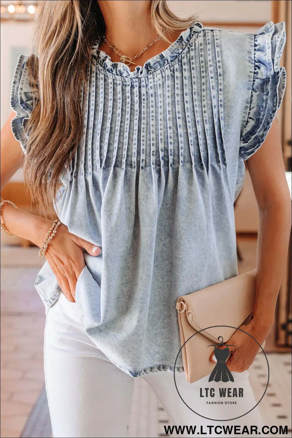Beau Blue Ruffle Pleated Detail Vintage Washed Denim Top - L.T.C Wear Online Fashion Store