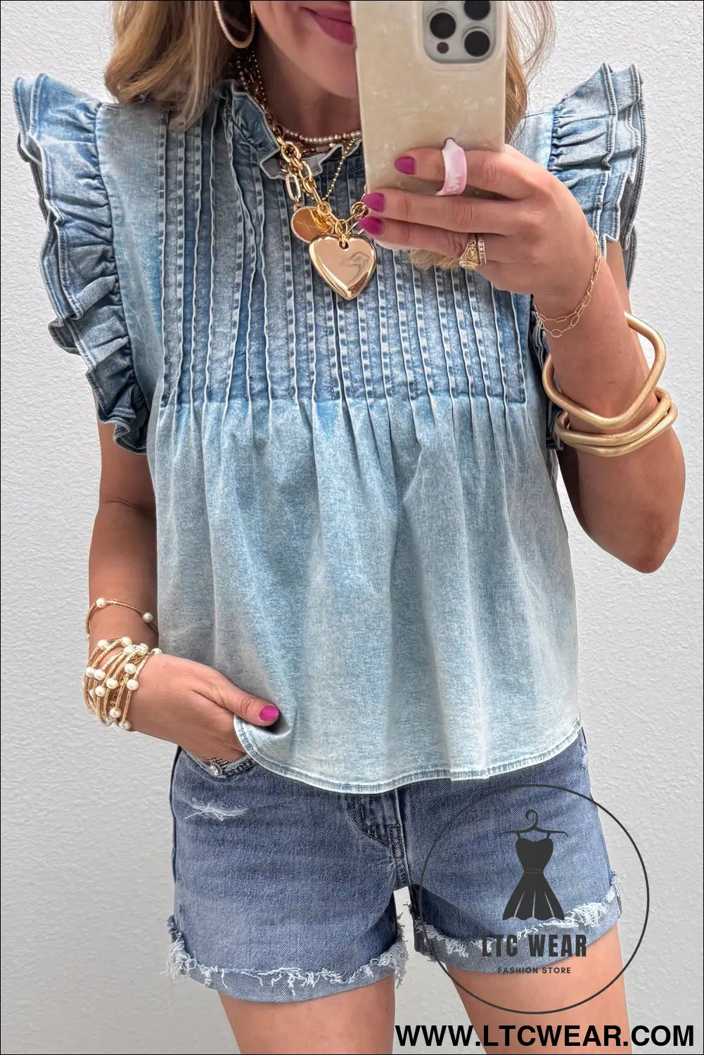 Beau Blue Ruffle Pleated Detail Vintage Washed Denim Top - L.T.C Wear Online Fashion Store