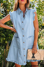 Beau blue ruffled edge collared shift denim dress with pockets - mini dresses