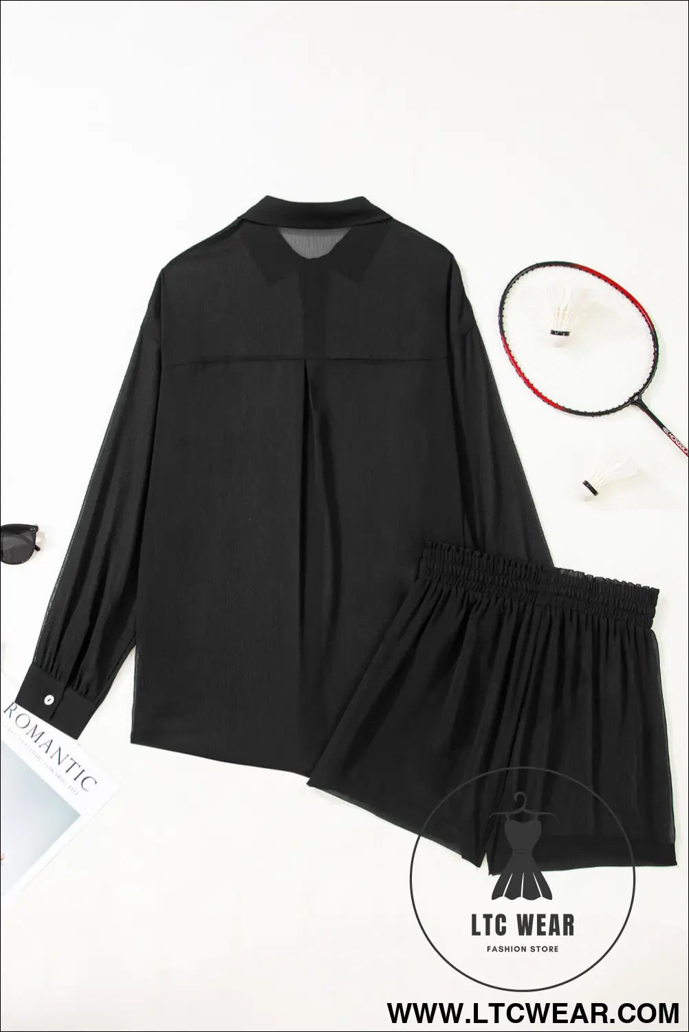 Beau Blue Sheer Tunic Shirt Drawstring Shorts 2pcs Swim Cover Up - L.T.C Wear Online Fashion Store