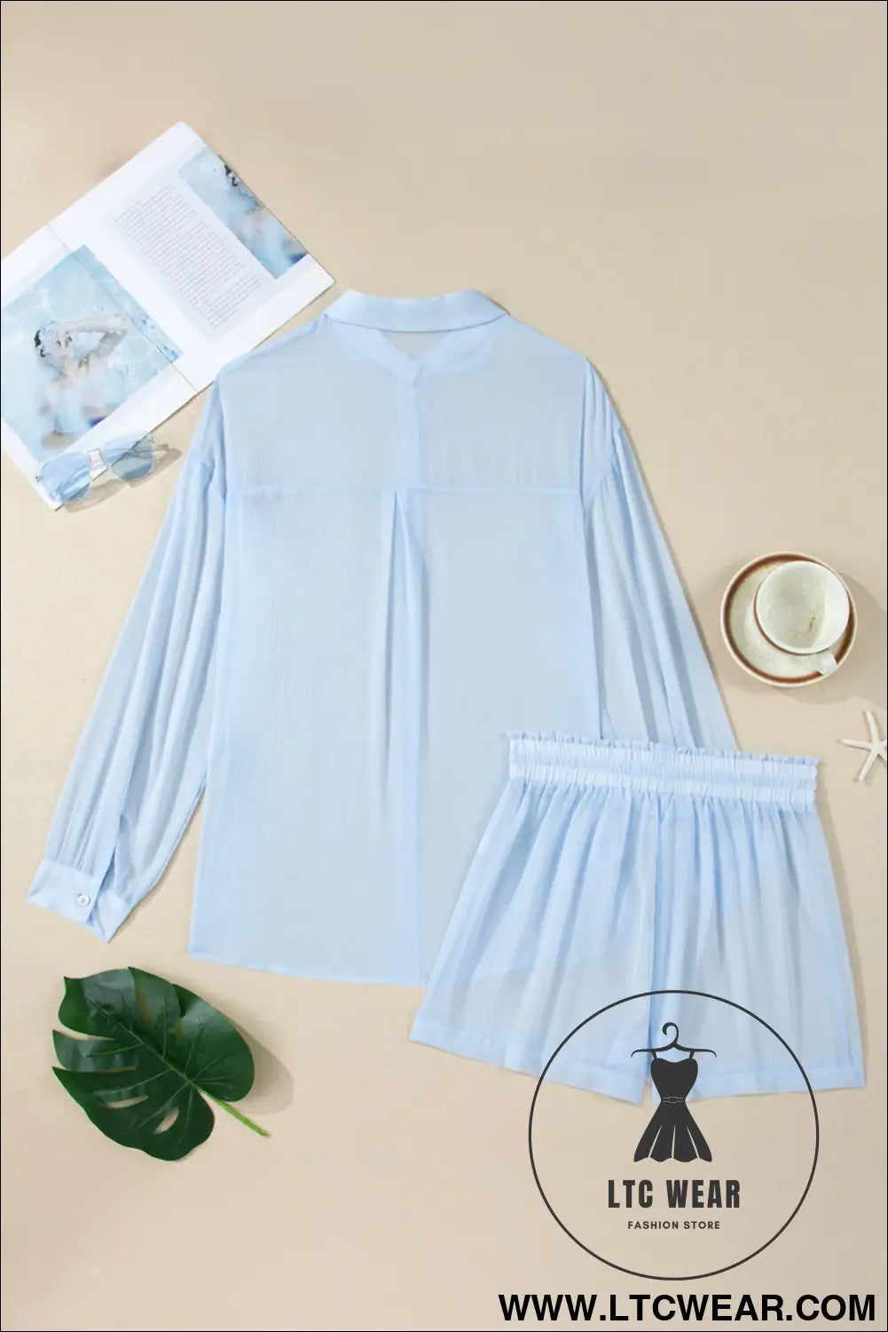 Beau Blue Sheer Tunic Shirt Drawstring Shorts 2pcs Swim Cover Up - L.T.C Wear Online Fashion Store