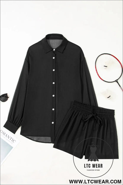 Beau Blue Sheer Tunic Shirt Drawstring Shorts 2pcs Swim Cover Up - L.T.C Wear Online Fashion Store