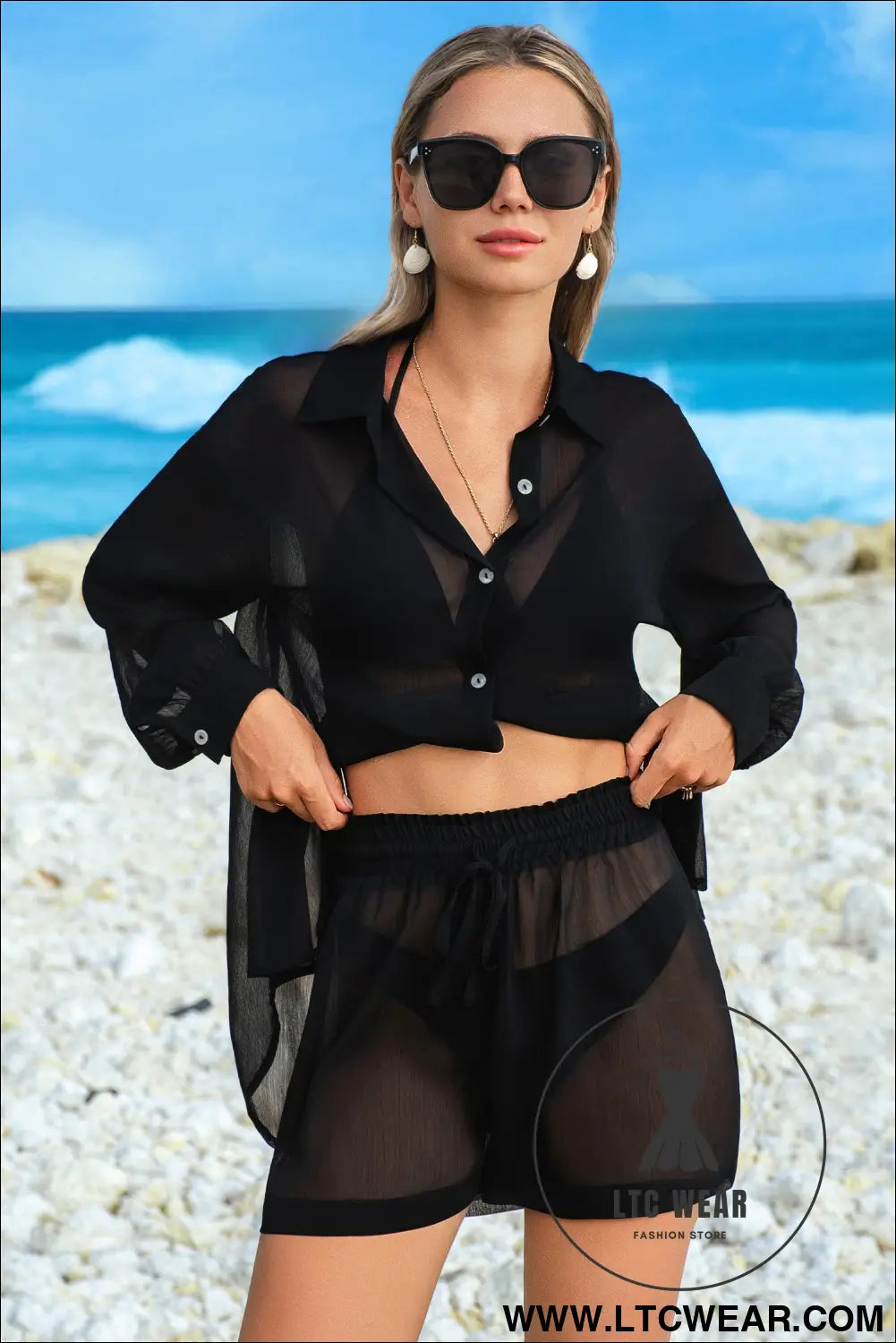Beau Blue Sheer Tunic Shirt Drawstring Shorts 2pcs Swim Cover Up - L.T.C Wear Online Fashion Store