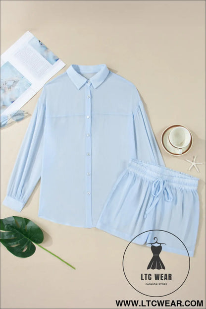 Beau Blue Sheer Tunic Shirt Drawstring Shorts 2pcs Swim Cover Up - L.T.C Wear Online Fashion Store