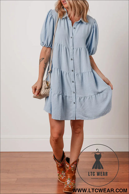 Beau Blue Shirt Collar Button Up Short Puff Sleeve Tiered Shift Dress - L.T.C Wear Online Fashion Store