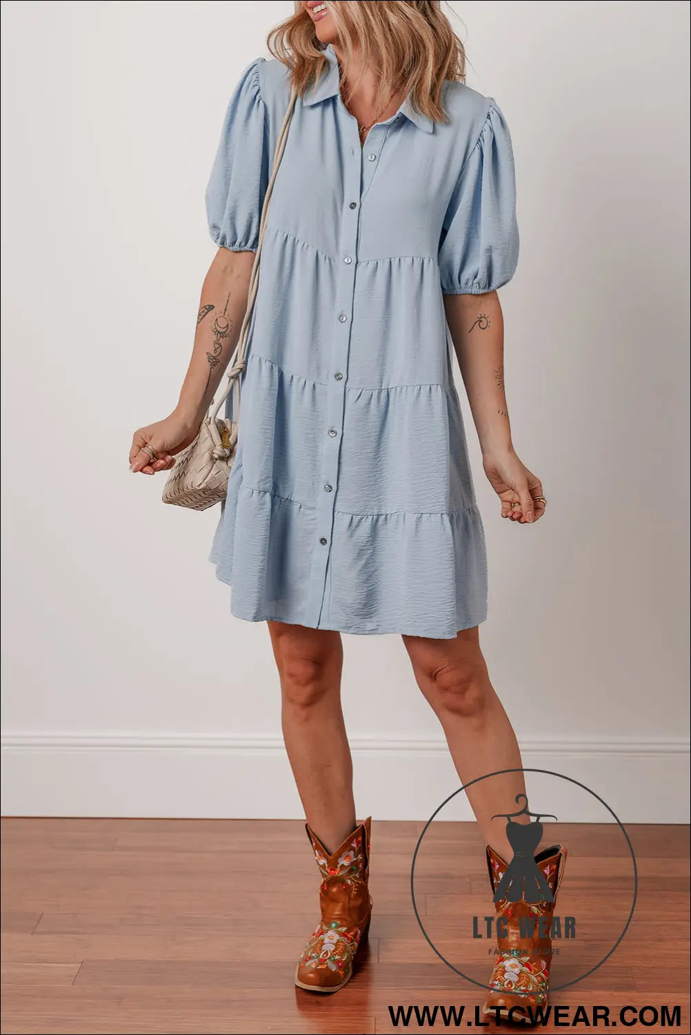 Beau Blue Shirt Collar Button Up Short Puff Sleeve Tiered Shift Dress - L.T.C Wear Online Fashion Store