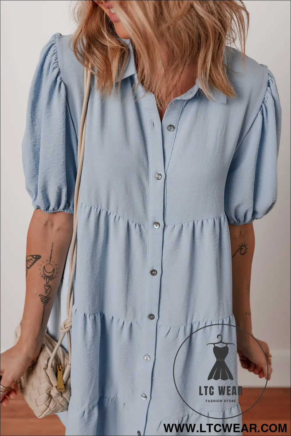 Beau Blue Shirt Collar Button Up Short Puff Sleeve Tiered Shift Dress - L.T.C Wear Online Fashion Store