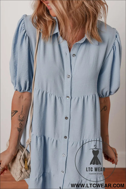 Beau Blue Shirt Collar Button Up Short Puff Sleeve Tiered Shift Dress - L.T.C Wear Online Fashion Store