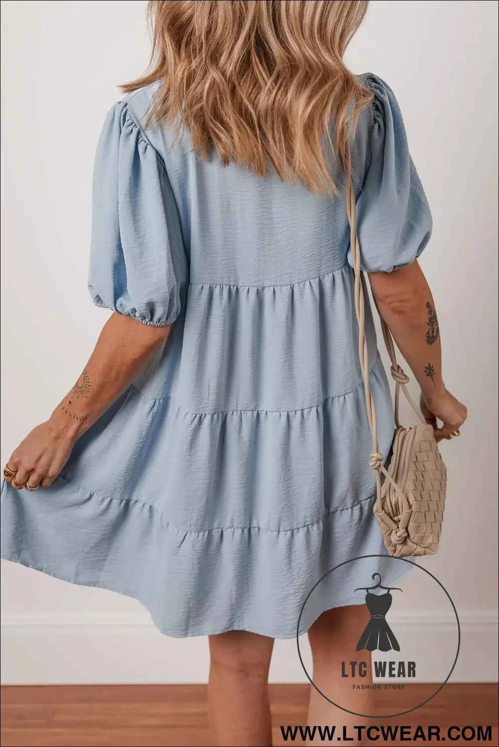 Beau Blue Shirt Collar Button Up Short Puff Sleeve Tiered Shift Dress