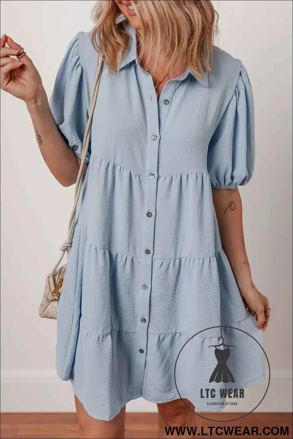 Beau Blue Shirt Collar Button Up Short Puff Sleeve Tiered Shift Dress