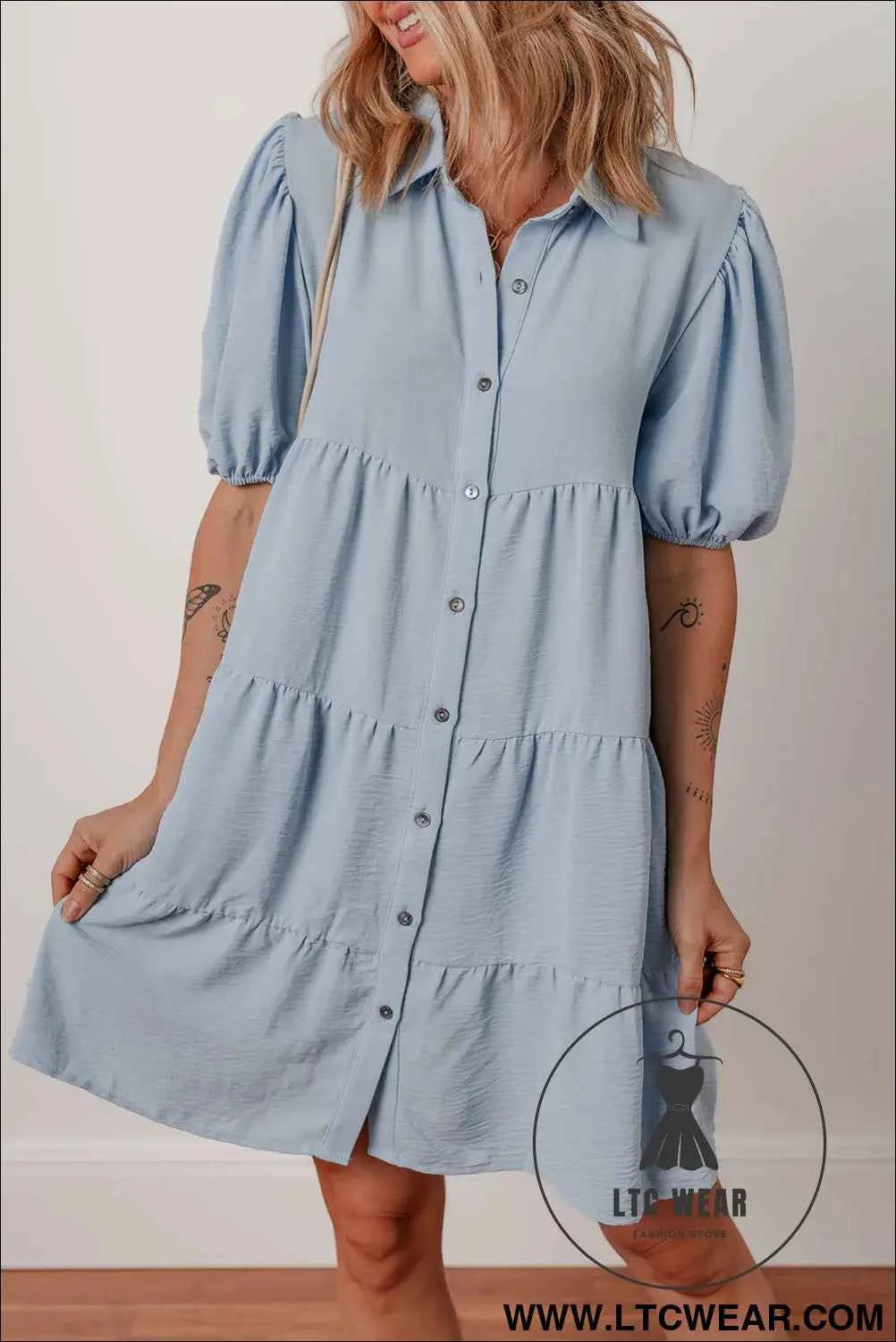Beau Blue Shirt Collar Button Up Short Puff Sleeve Tiered Shift Dress