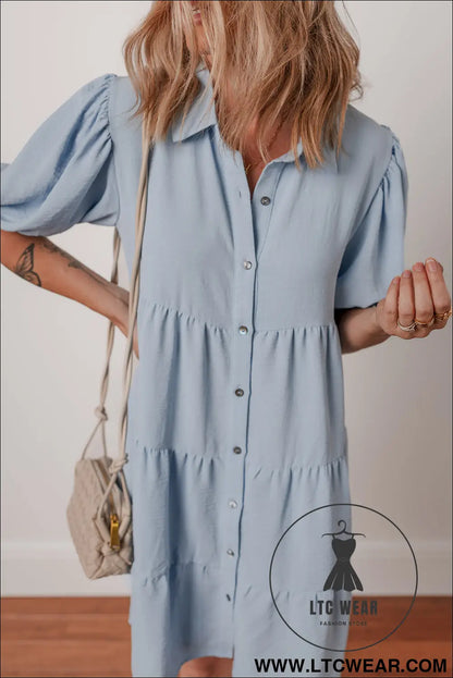 Beau Blue Shirt Collar Button Up Short Puff Sleeve Tiered Shift Dress - L.T.C Wear Online Fashion Store