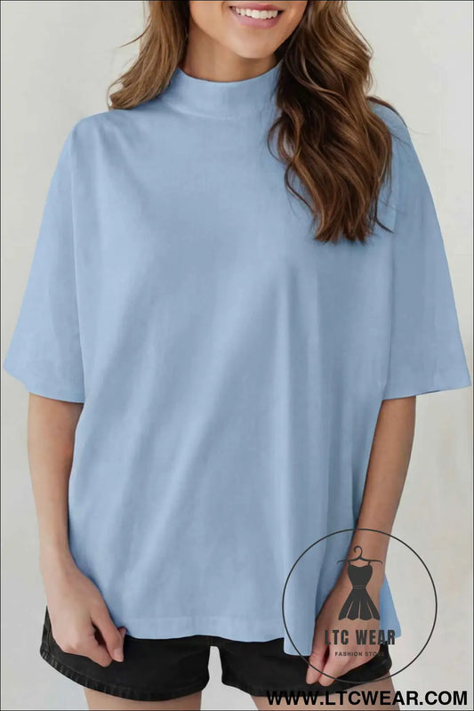 Beau Blue Solid Color High Neck Oversize Tee