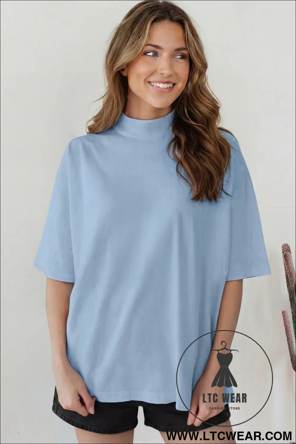 Beau Blue Solid Color High Neck Oversize Tee - L.T.C Wear Online Fashion Store