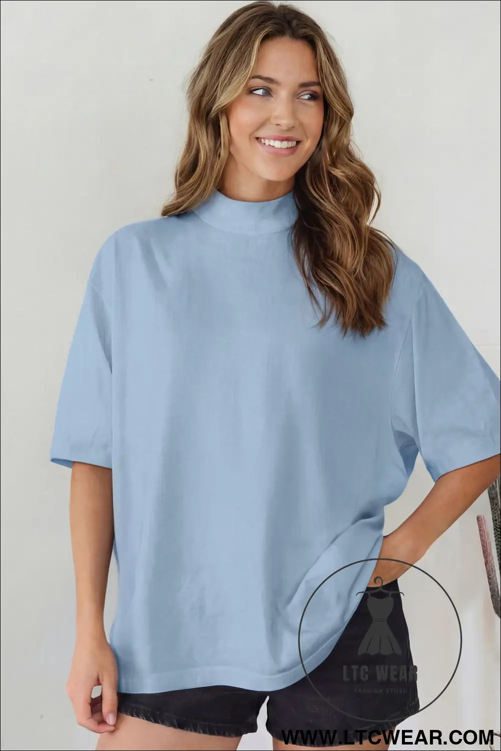 Beau Blue Solid Color High Neck Oversize Tee - L.T.C Wear Online Fashion Store