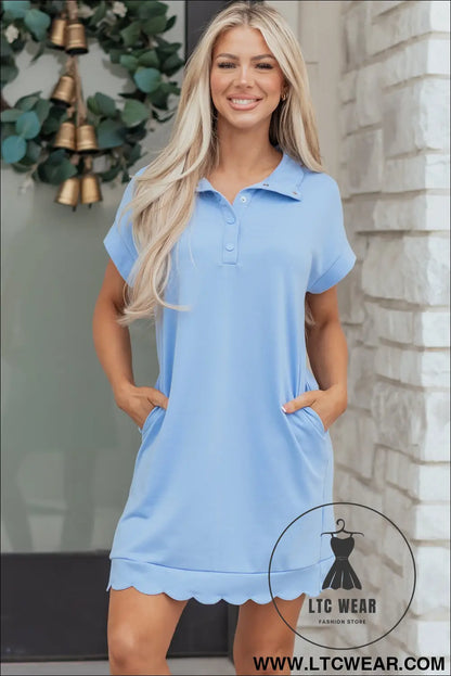Beau Blue Solid Color Snap Button Polo Collar Short Sleeve Scallop Hem Mini Dress - L.T.C Wear Online Fashion Store