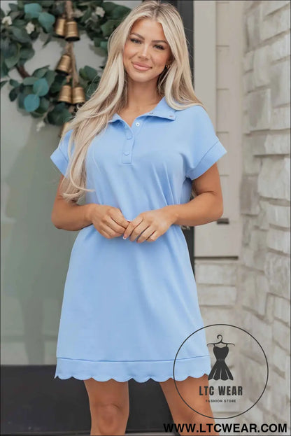 Beau Blue Solid Color Snap Button Polo Collar Short Sleeve Scallop Hem Mini Dress