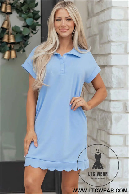 Beau Blue Solid Color Snap Button Polo Collar Short Sleeve Scallop Hem Mini Dress