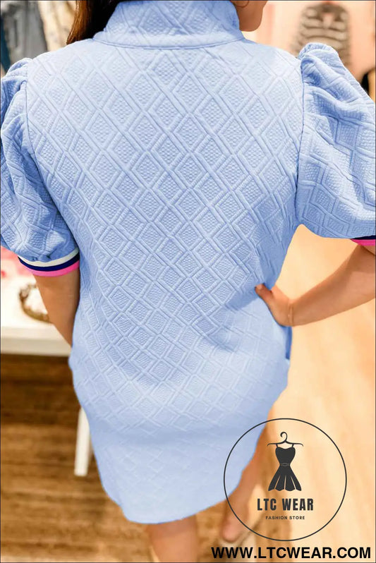 Beau Blue Striped Pop of Color Collared Checkered Textured Plus Size Dress