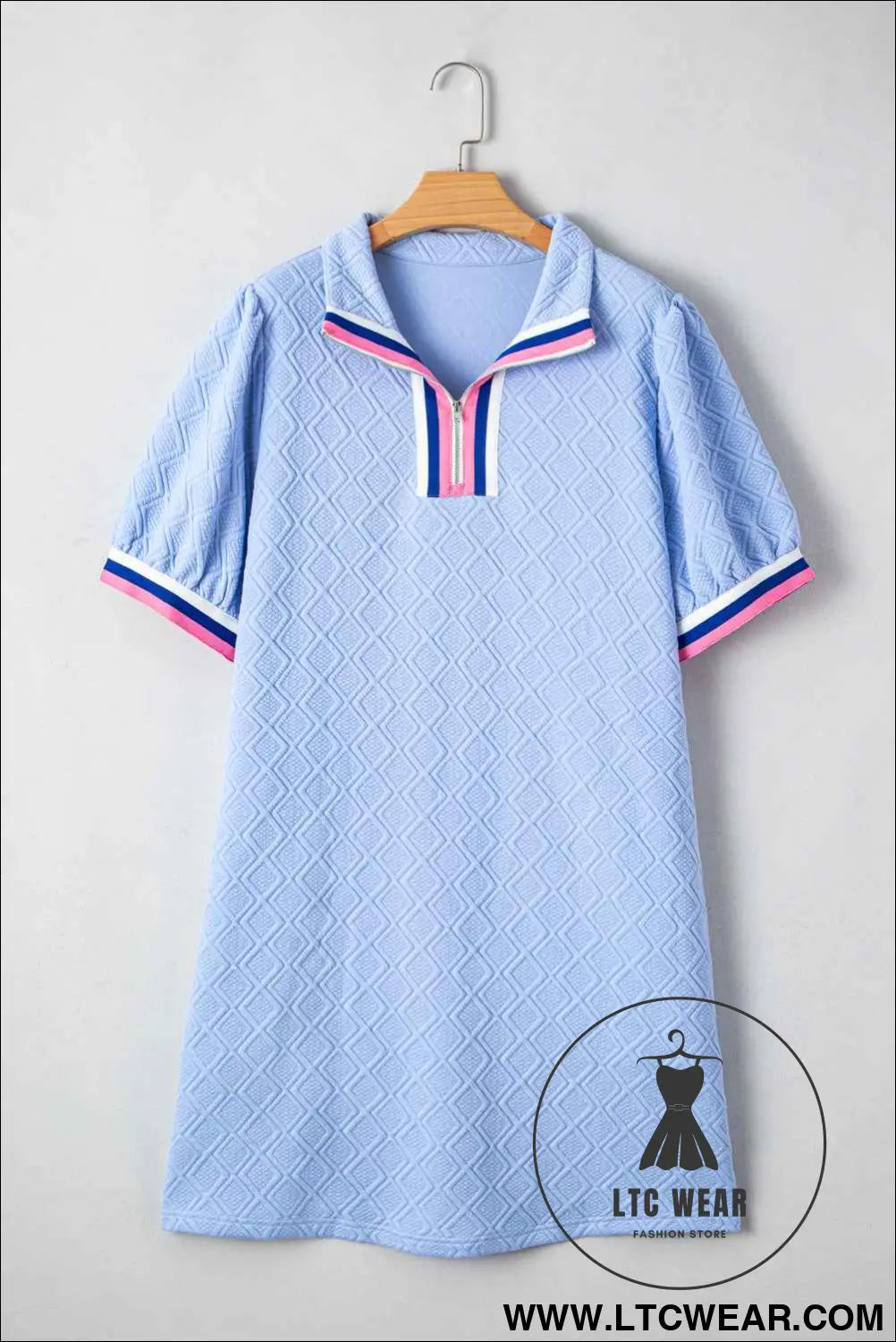 Beau Blue Striped Pop of Color Collared Checkered Textured Plus Size Dress