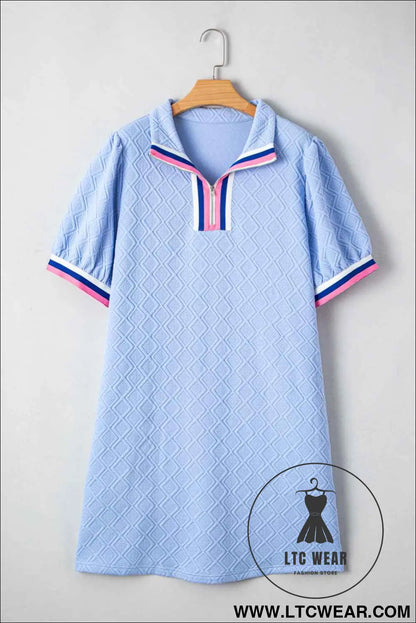 Beau Blue Striped Pop of Color Collared Checkered Textured Plus Size Dress