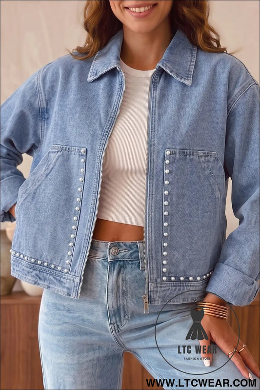 Beau Blue Studded Metal Zipper Rivet Pockets Long Sleeve Denim Jacket