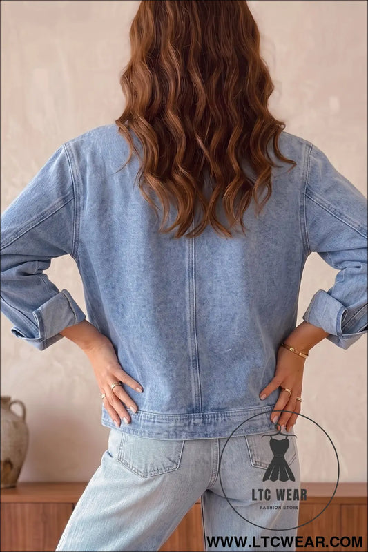 Beau Blue Studded Metal Zipper Rivet Pockets Long Sleeve Denim Jacket