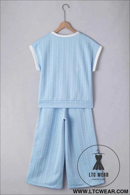 Beau Blue Textured Colorblock Edge Sleeveless Top High Waist Pants Set