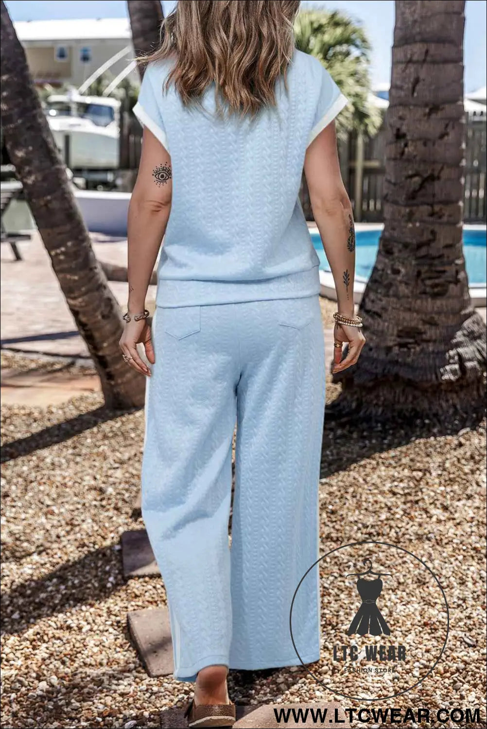 Beau Blue Textured Colorblock Edge Sleeveless Top High Waist Pants Set