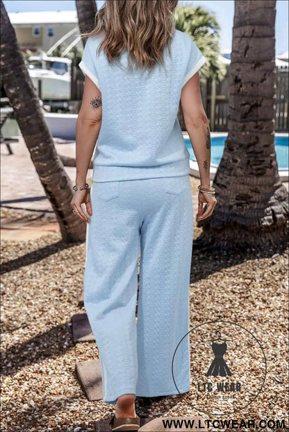 Beau Blue Textured Colorblock Edge Sleeveless Top High Waist Pants Set