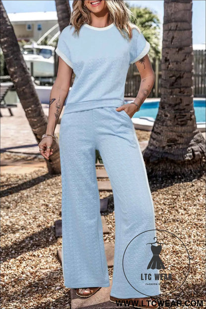 Beau Blue Textured Colorblock Edge Sleeveless Top High Waist Pants Set