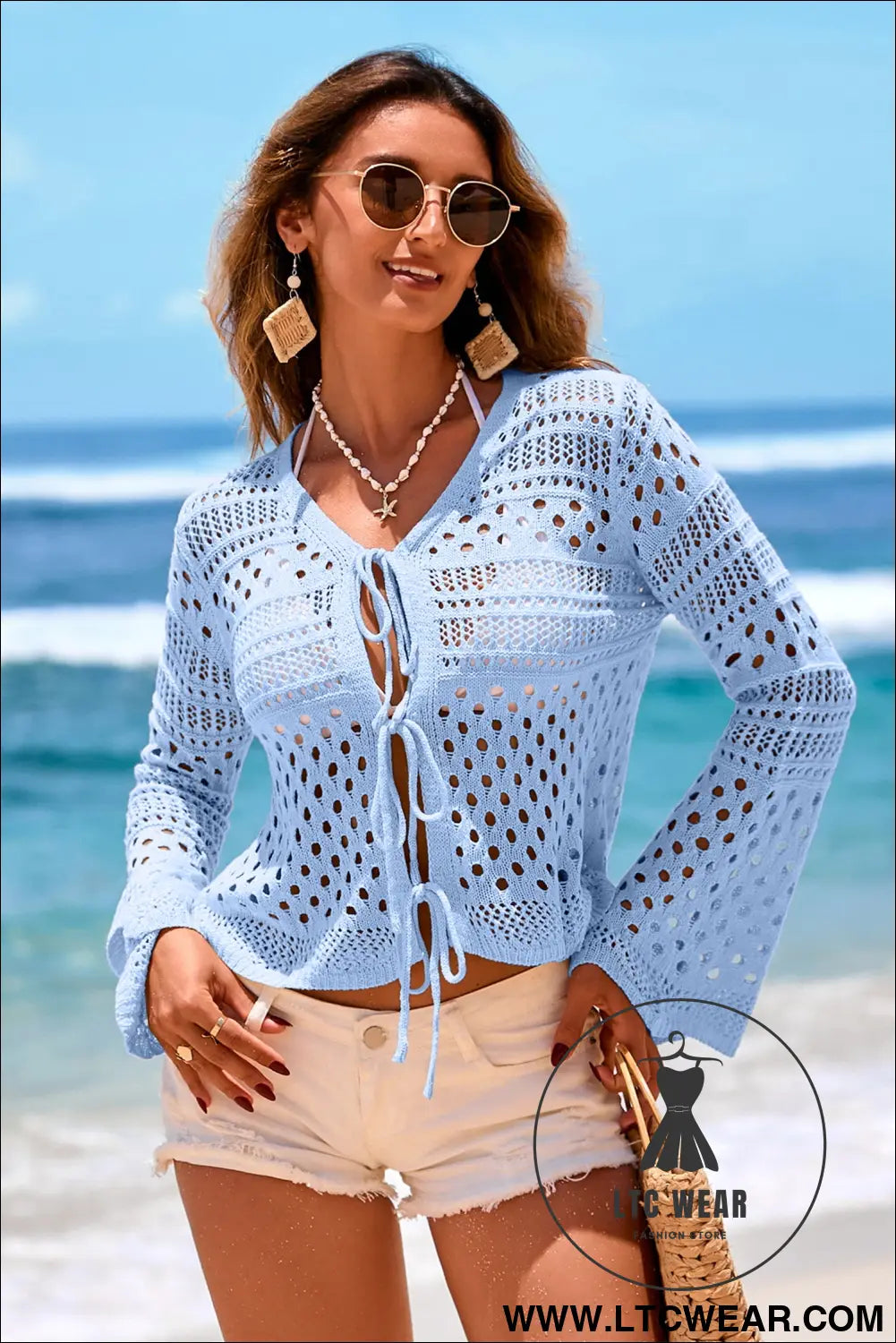 Beau Blue Tie Front Hollow-out Crochet Flare Sleeve Knitted Cover Up - L.T.C Wear Online Fashion Store