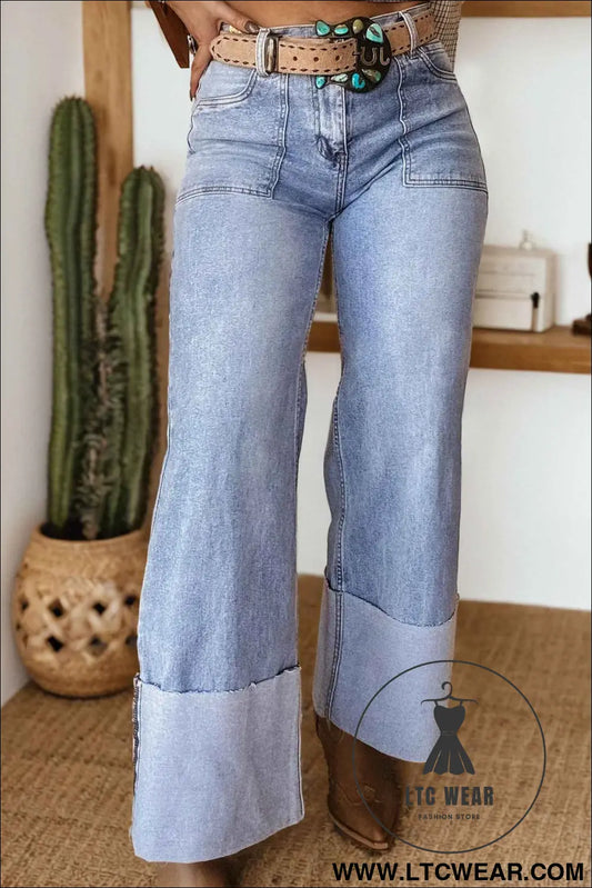 Beau Blue Turn-up Cuffs Womens Loose Jeans